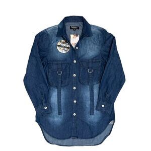 Thrill Jeans Denim Collection Blue Tunic Long Blouse 2 Pockets Women Medium‎ NWT